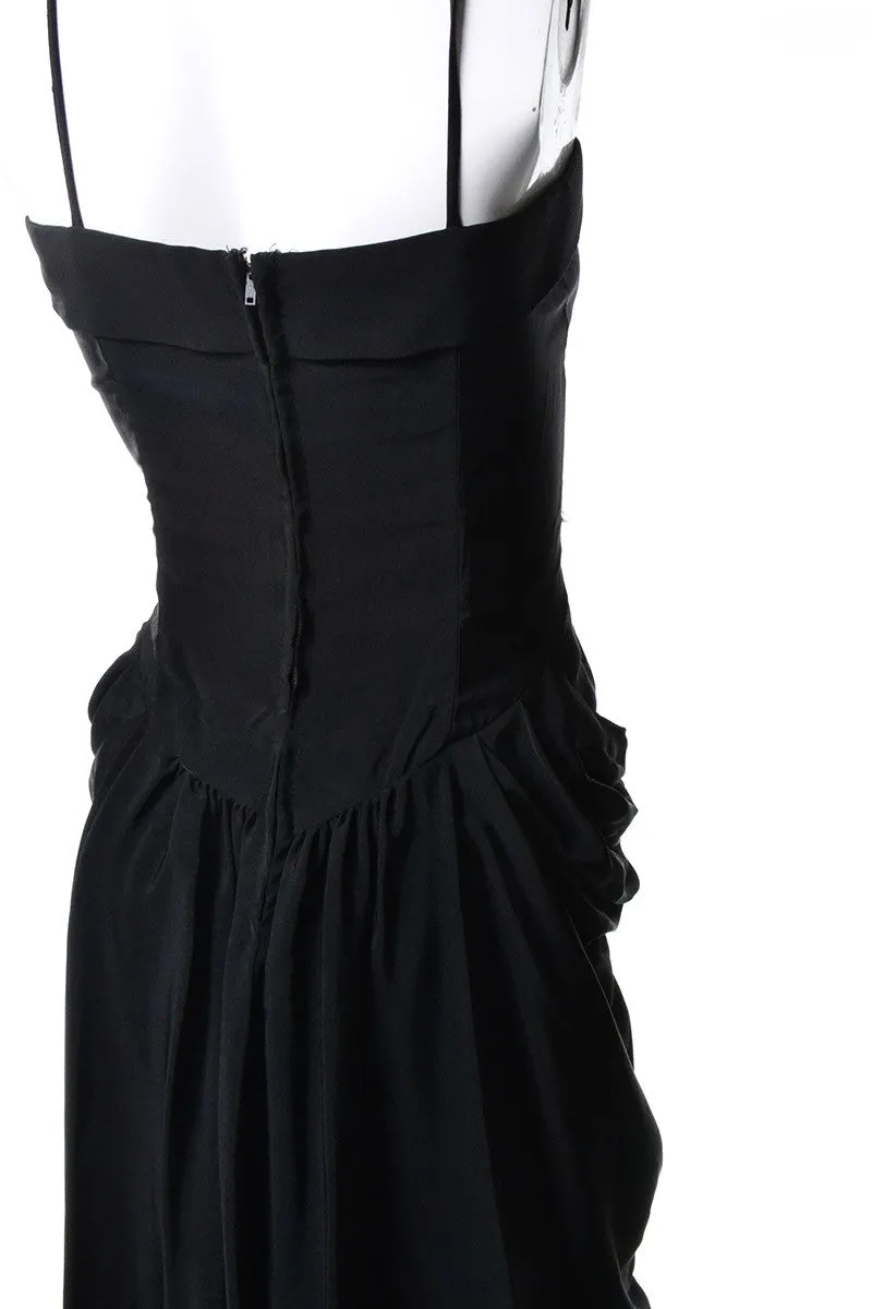 1930s Vintage Black Rayon Gathered Evening Cocktail Dress Spaghetti Straps Size 6