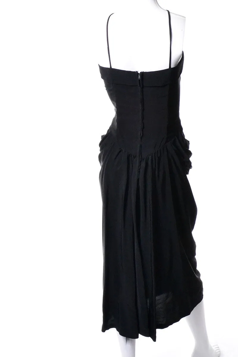 1930s Vintage Black Rayon Gathered Evening Cocktail Dress Spaghetti Straps Size 6