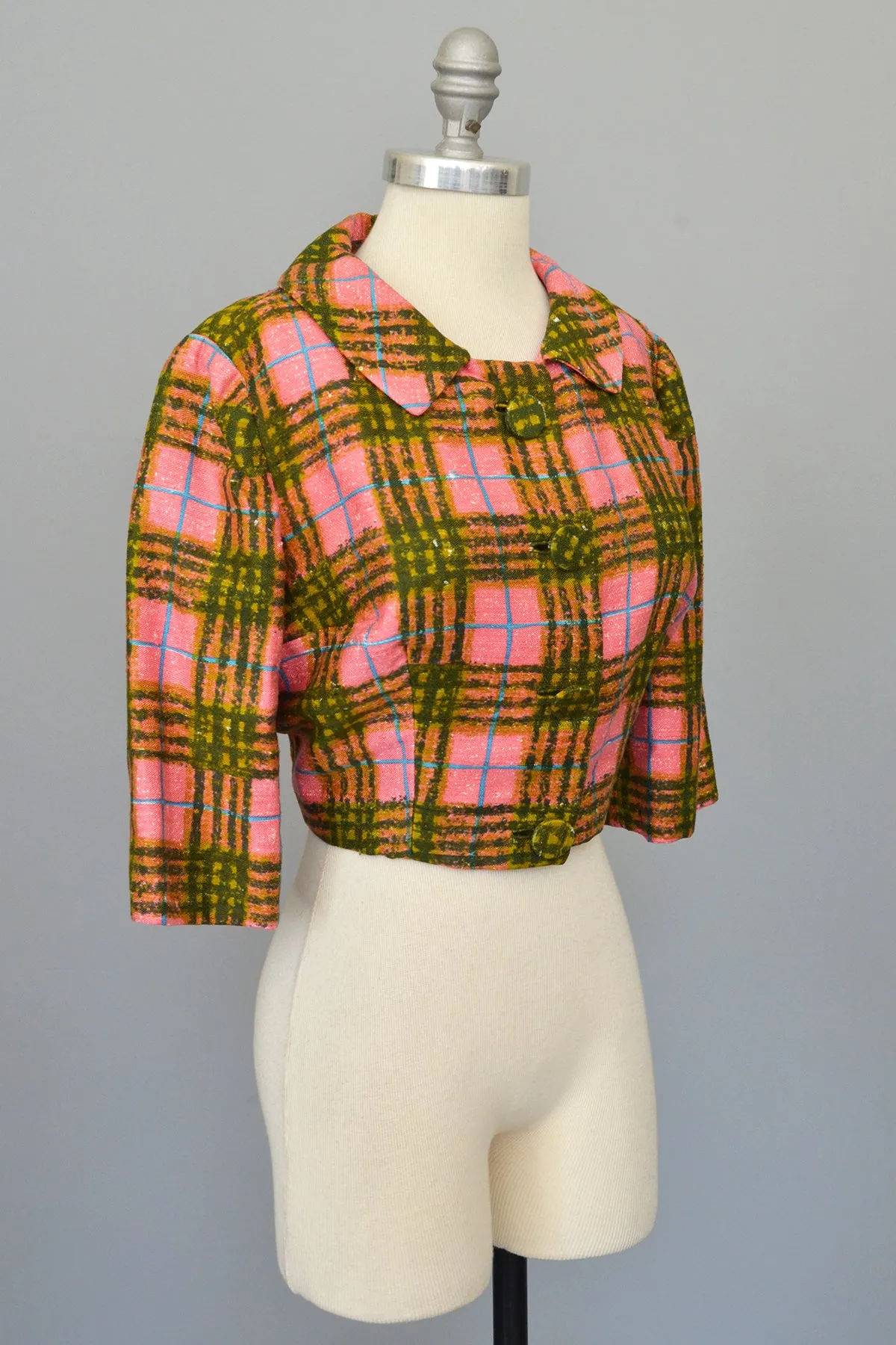 1950s Hot Pink   Olive Green Plaid Bolero Blazer