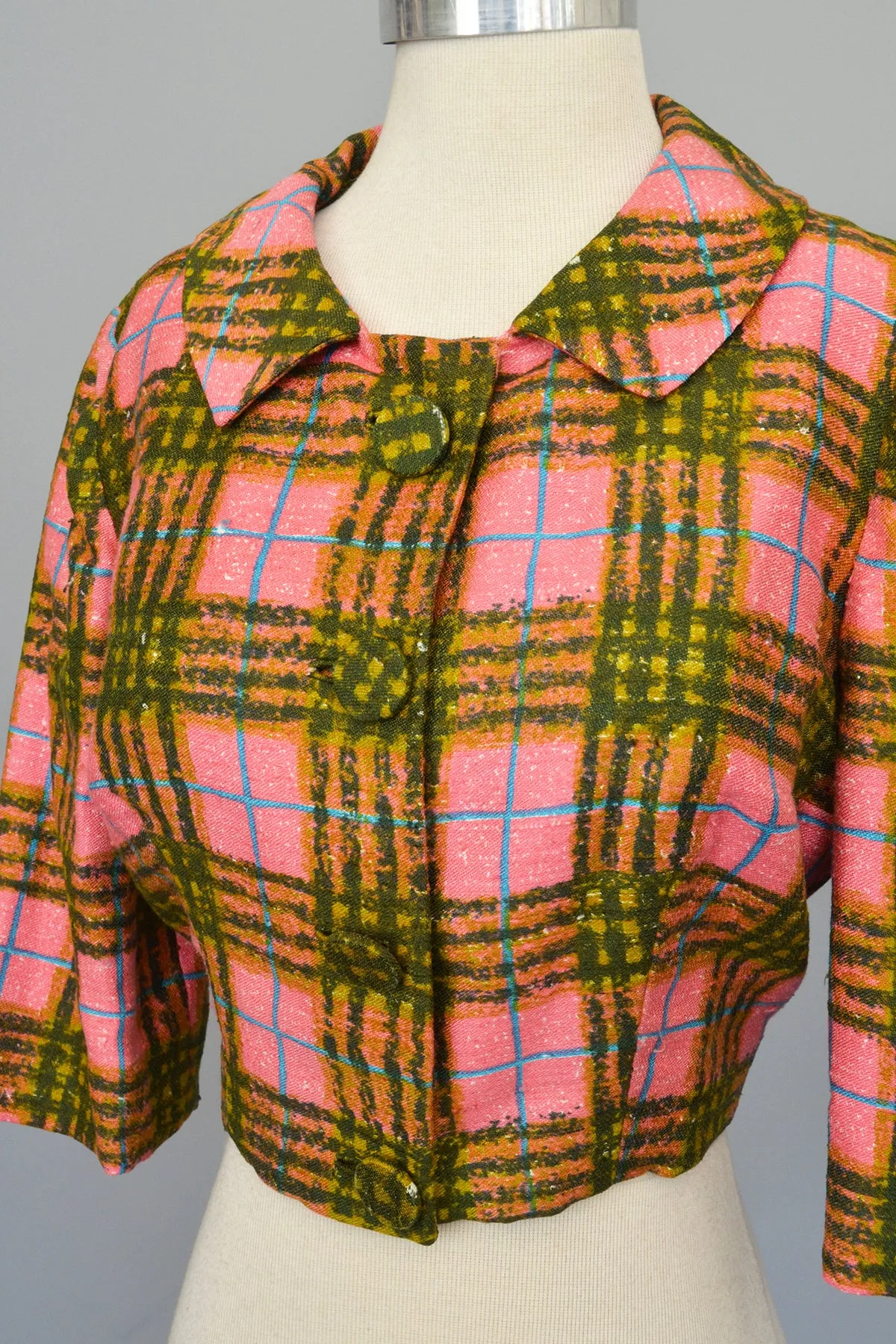 1950s Hot Pink   Olive Green Plaid Bolero Blazer