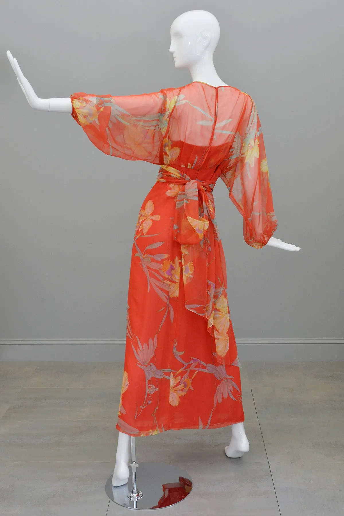 1960s 70s Designer Floral Print Chiffon Obi Sash Kimono Maxi Dress from Bergdorf Goodman