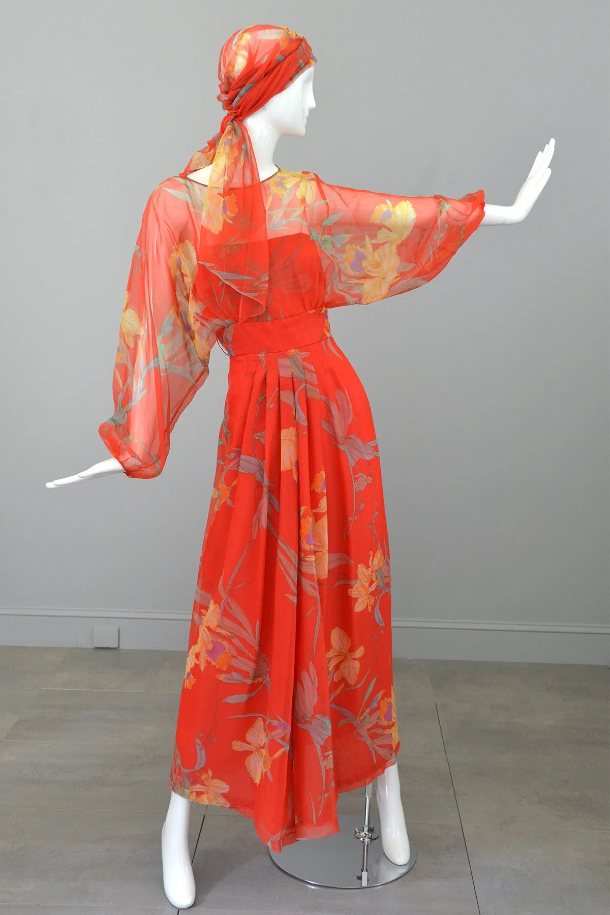 1960s 70s Designer Floral Print Chiffon Obi Sash Kimono Maxi Dress from Bergdorf Goodman