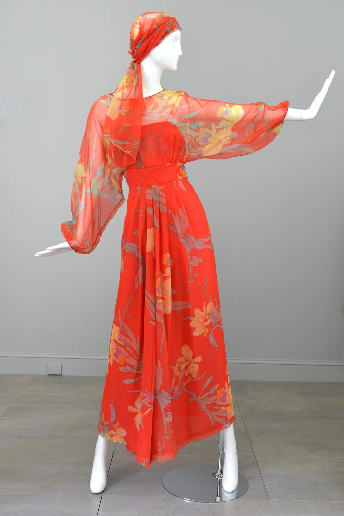 1960s 70s Designer Floral Print Chiffon Obi Sash Kimono Maxi Dress from Bergdorf Goodman