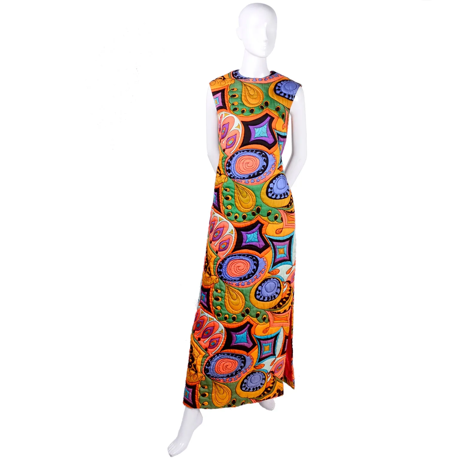 1960's Dynasty Psychedelic Quilted Vintage Dress w/ Slit