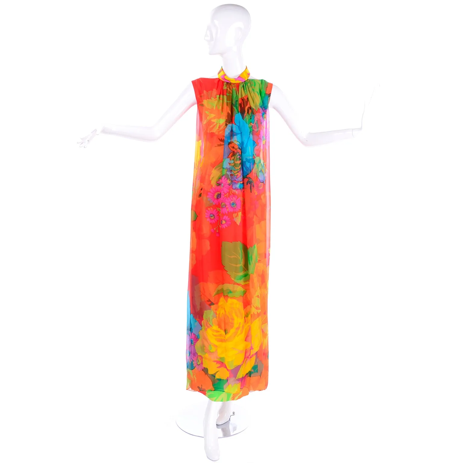 1960s Hanae Mori Silk Floral Long Halter Dress w/ Low Scoop Back