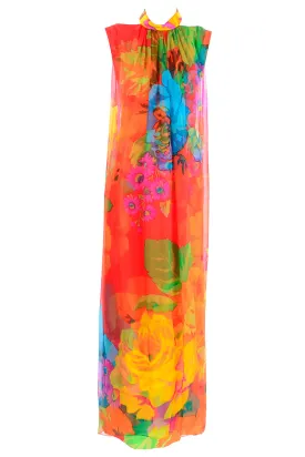 1960s Hanae Mori Silk Floral Long Halter Dress w/ Low Scoop Back