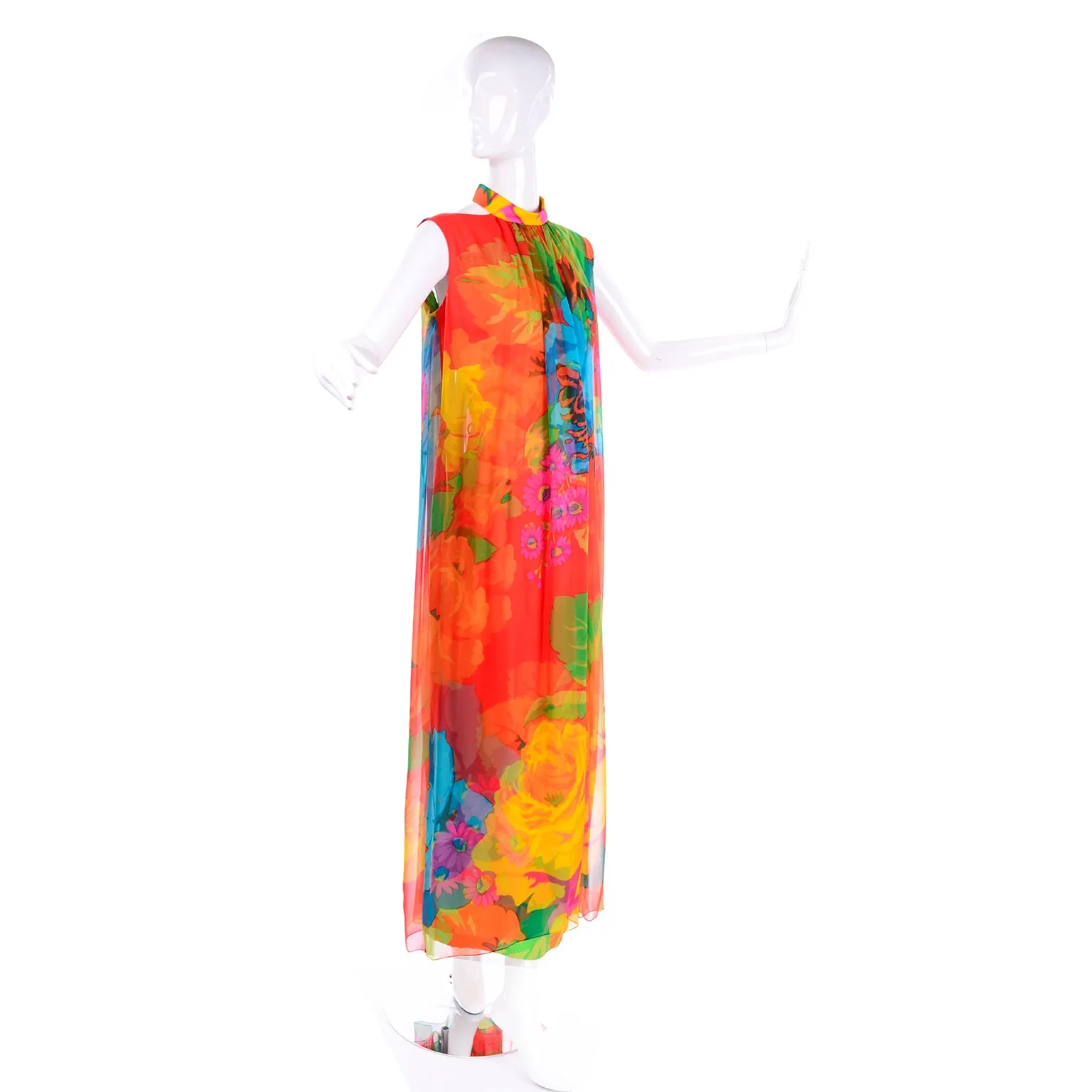 1960s Hanae Mori Silk Floral Long Halter Dress w/ Low Scoop Back