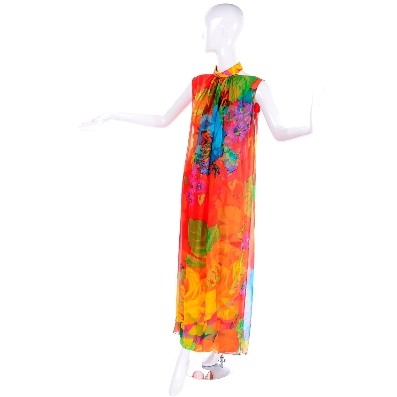 1960s Hanae Mori Silk Floral Long Halter Dress w/ Low Scoop Back