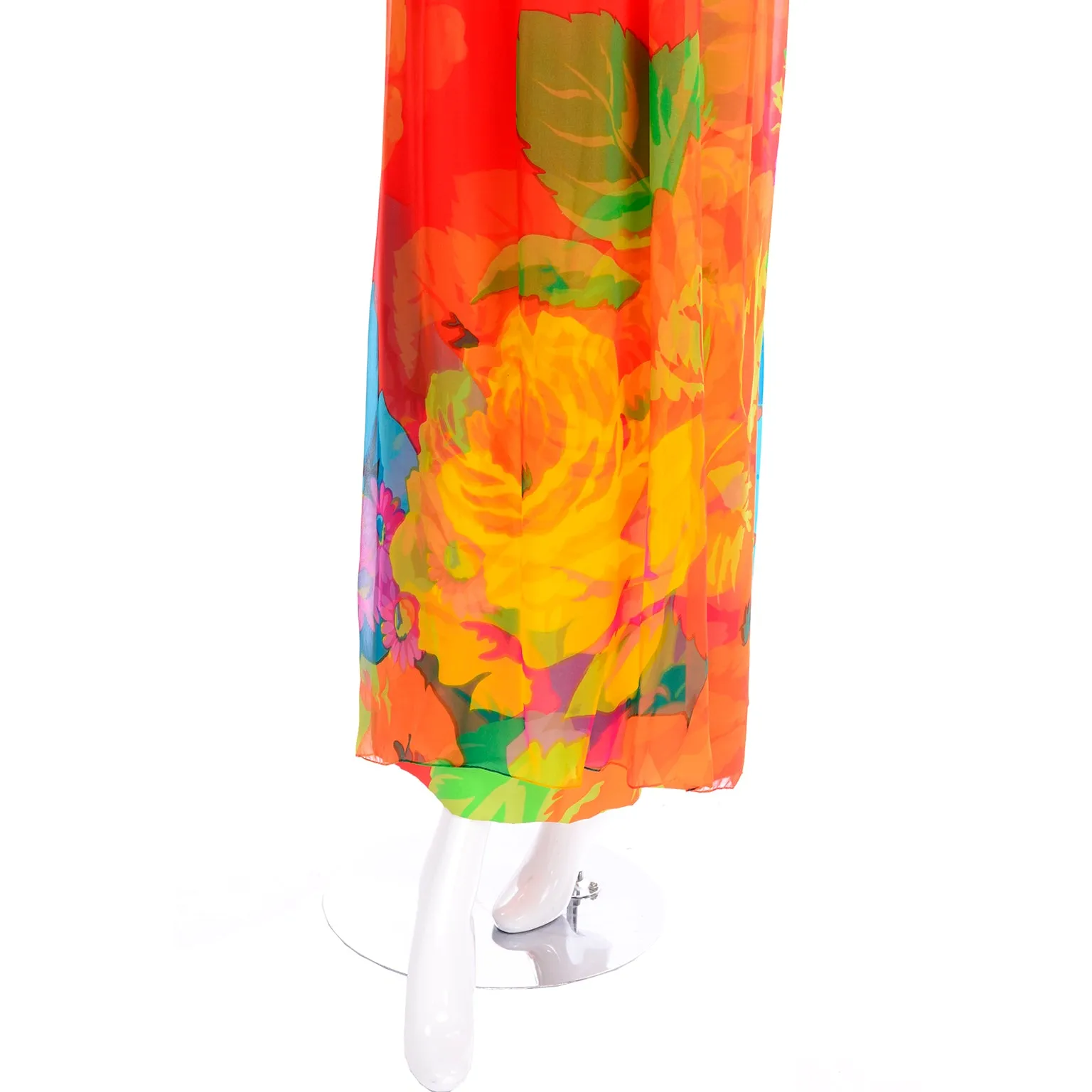 1960s Hanae Mori Silk Floral Long Halter Dress w/ Low Scoop Back