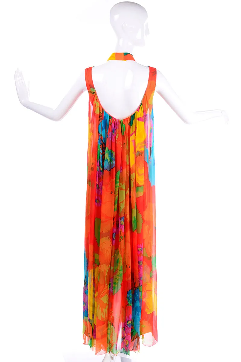 1960s Hanae Mori Silk Floral Long Halter Dress w/ Low Scoop Back