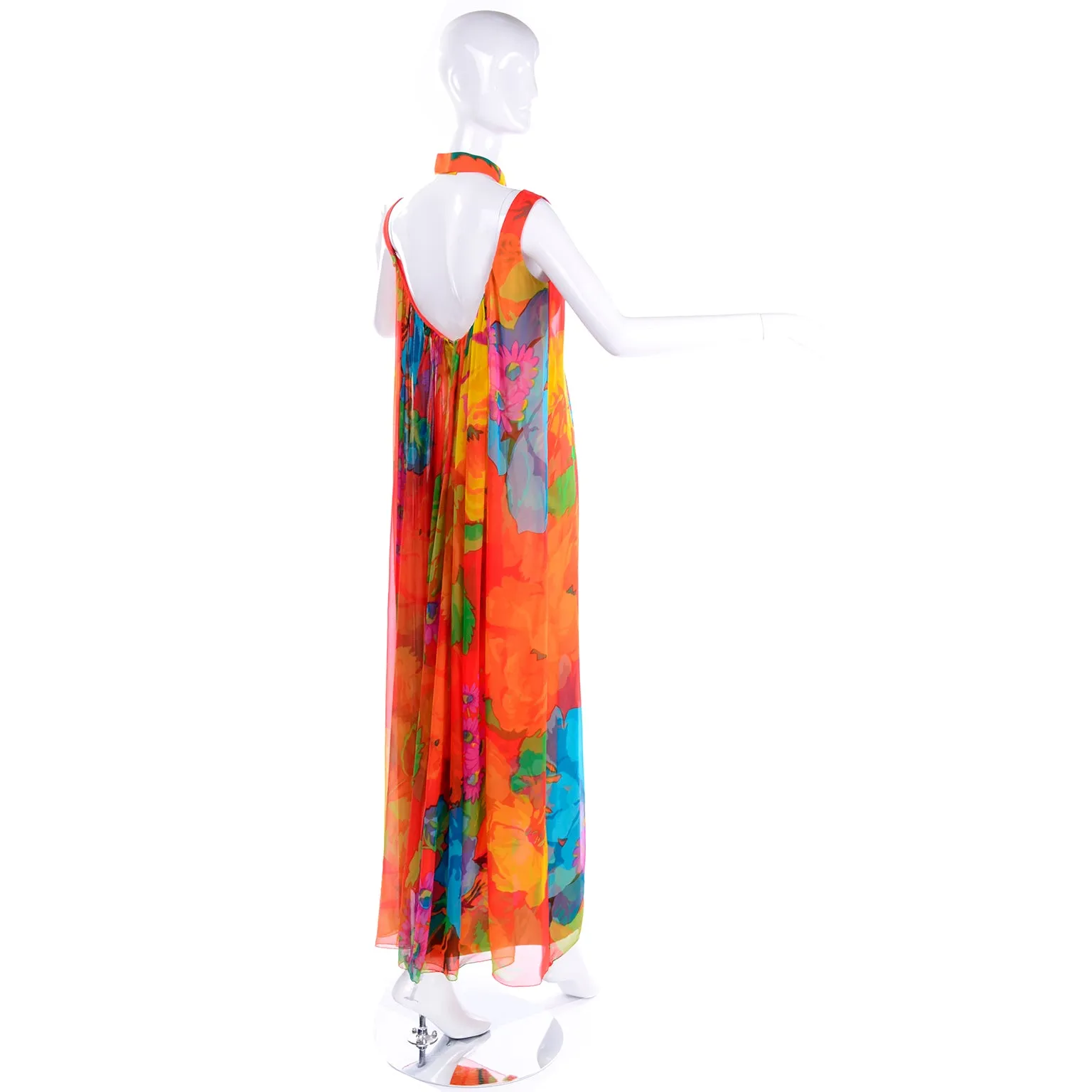 1960s Hanae Mori Silk Floral Long Halter Dress w/ Low Scoop Back