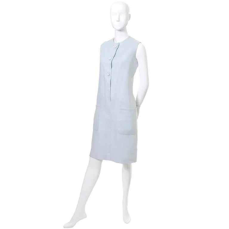 1960s Norman Norell Vintage Blue Linen I Magnin Dress with Pockets