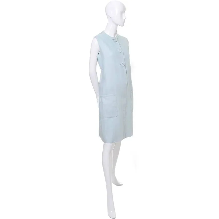 1960s Norman Norell Vintage Blue Linen I Magnin Dress with Pockets