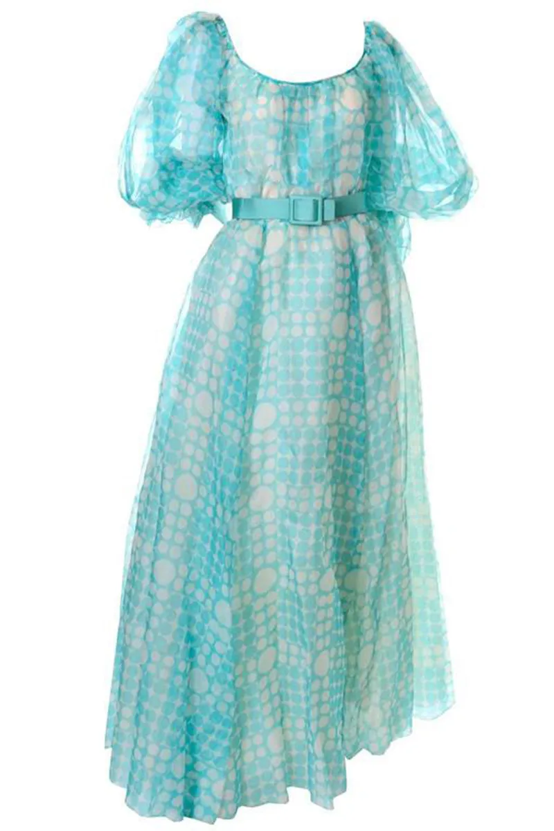 1970s Bob Mackie Roy Aghayan Vintage Blue Organza Dress w/ Polka Dots & Puff Sleeves