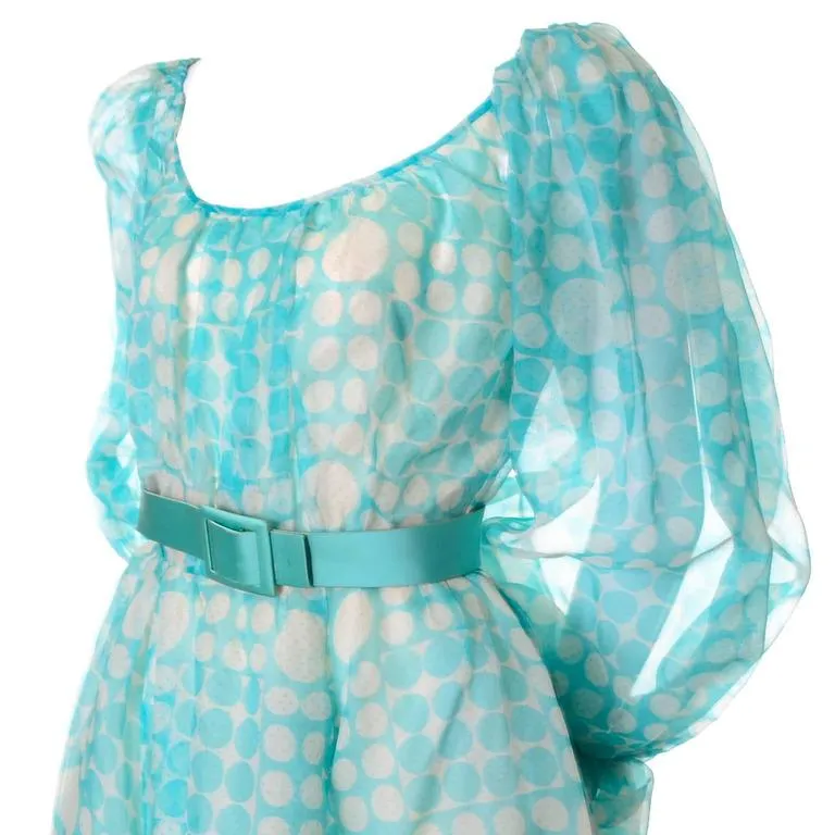 1970s Bob Mackie Roy Aghayan Vintage Blue Organza Dress w/ Polka Dots & Puff Sleeves