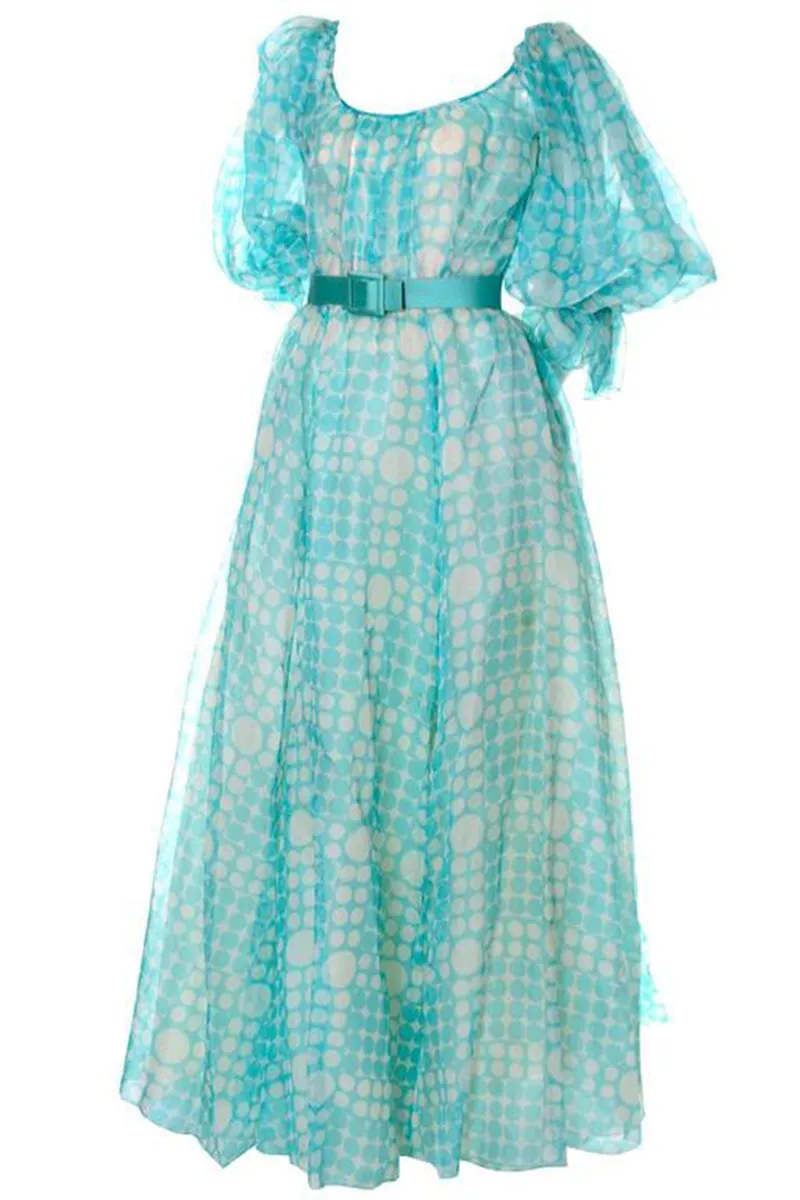 1970s Bob Mackie Roy Aghayan Vintage Blue Organza Dress w/ Polka Dots & Puff Sleeves