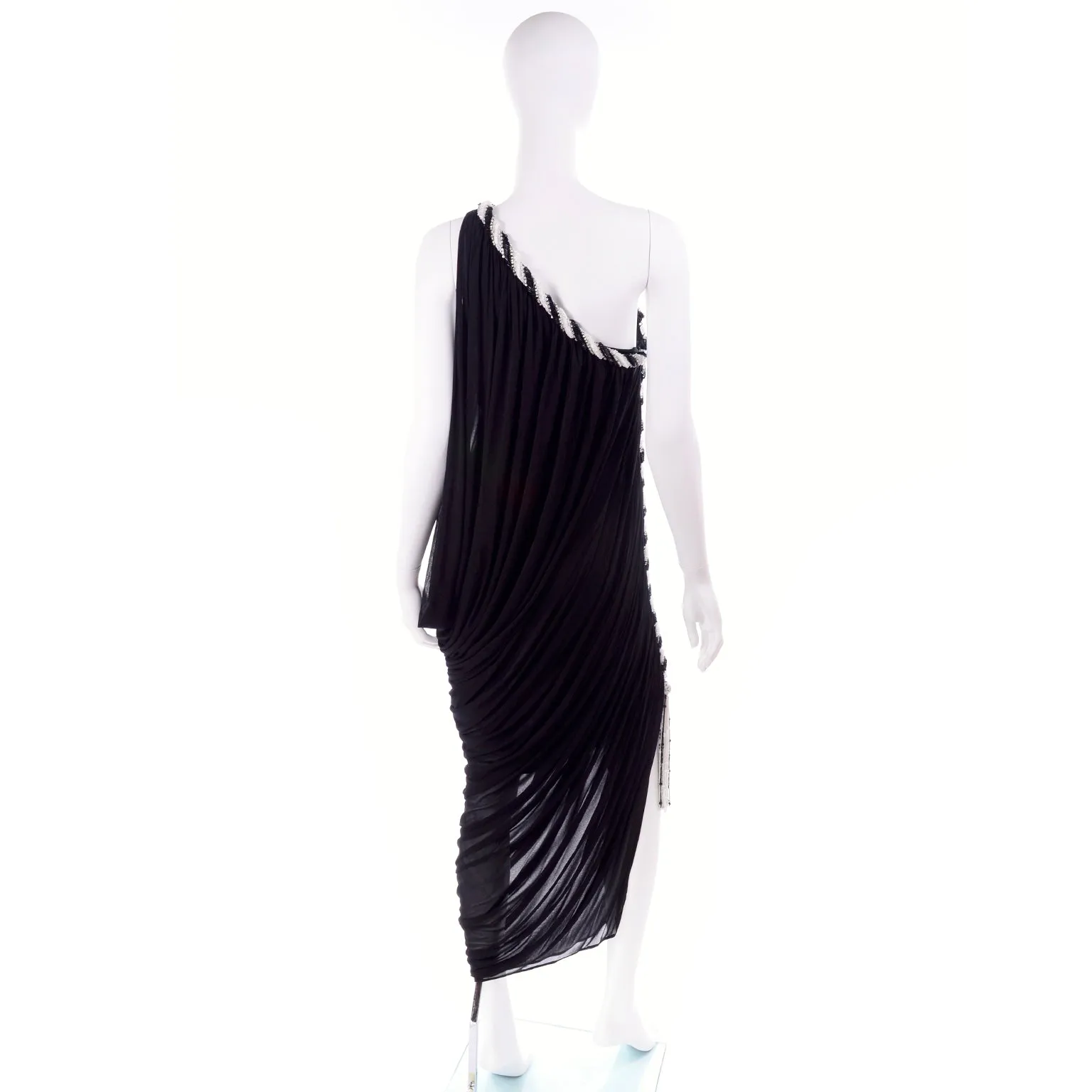 1970s Bob Mackie Vintage Black Silk Beaded Grecian Dress W One Shoulder