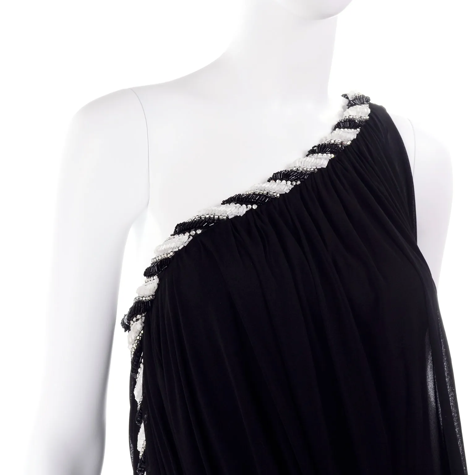 1970s Bob Mackie Vintage Black Silk Beaded Grecian Dress W One Shoulder