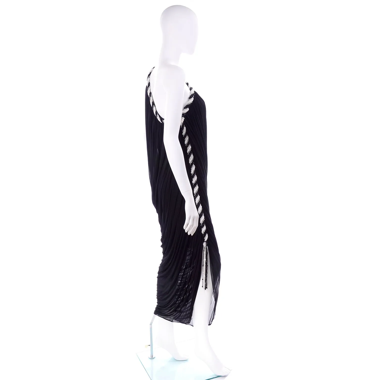 1970s Bob Mackie Vintage Black Silk Beaded Grecian Dress W One Shoulder