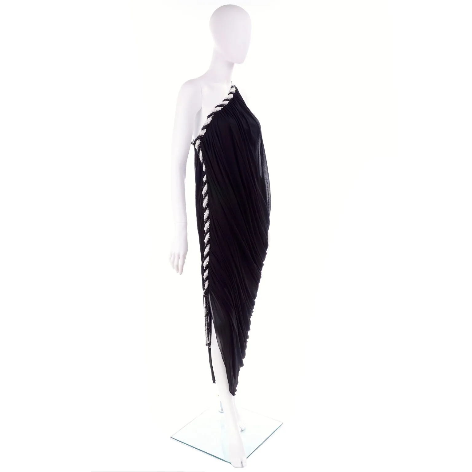 1970s Bob Mackie Vintage Black Silk Beaded Grecian Dress W One Shoulder