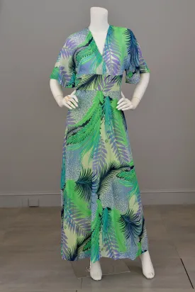 1970s Chiffon Feather Print Maxi Dress with Flutter Sleeves