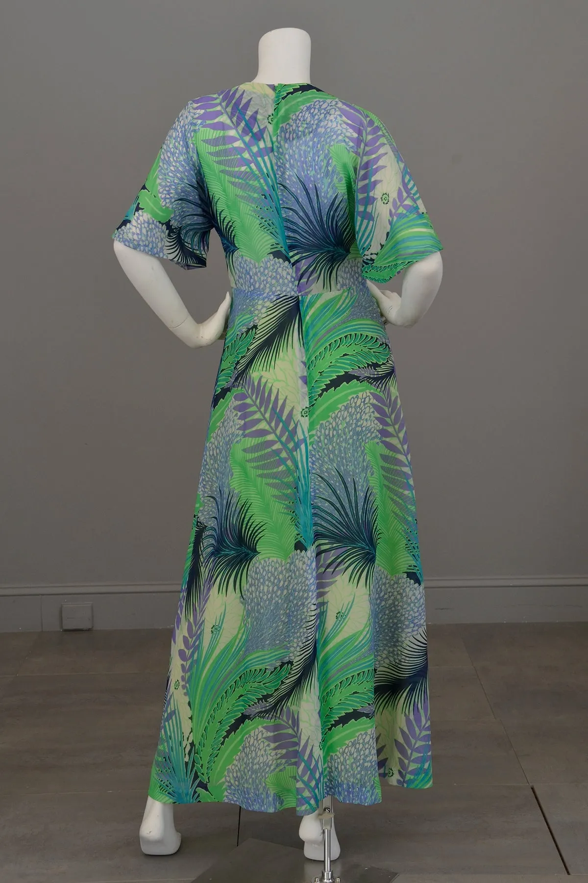 1970s Chiffon Feather Print Maxi Dress with Flutter Sleeves