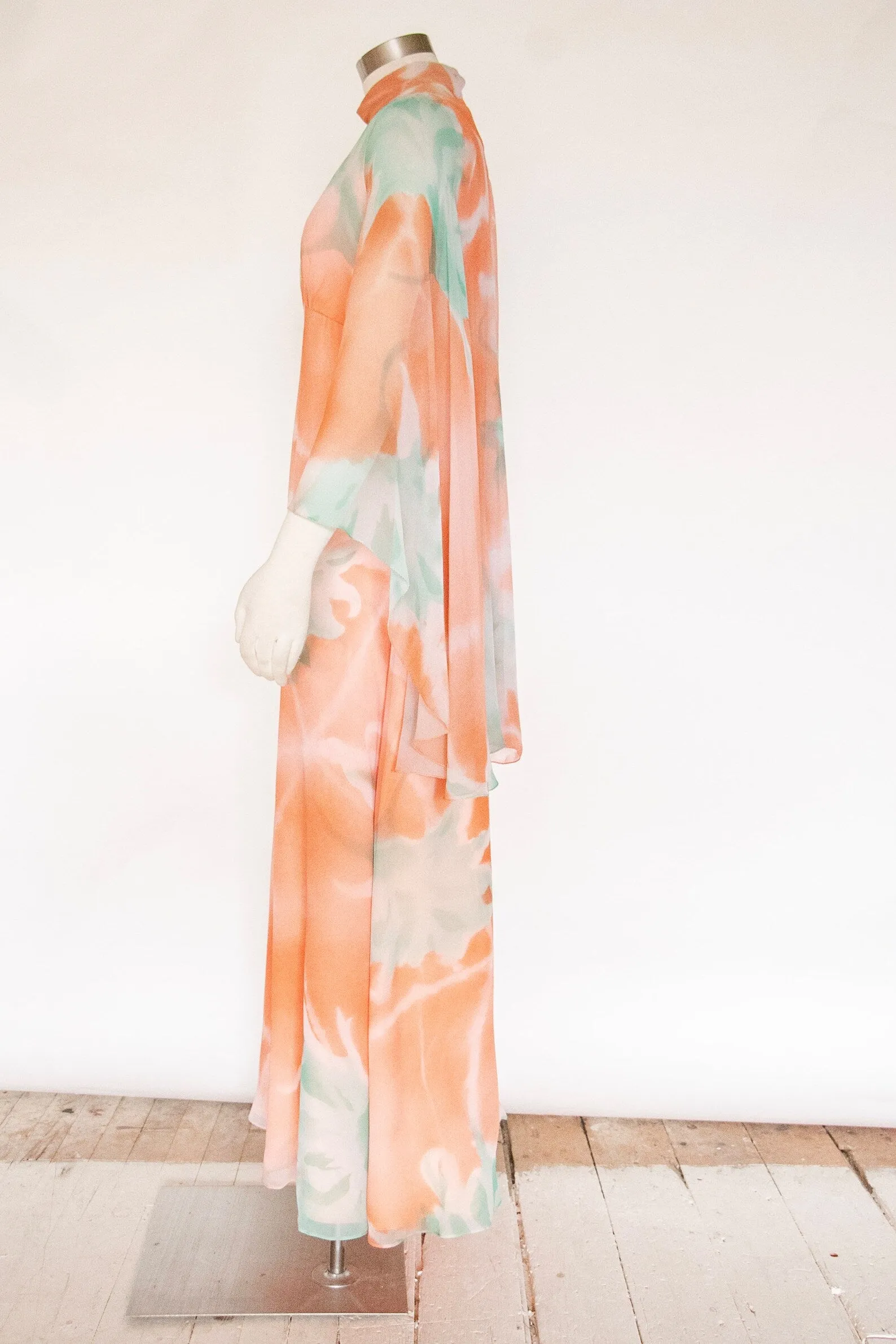 1970s Dress Silk Chiffon Floral Cape Maxi Gown S