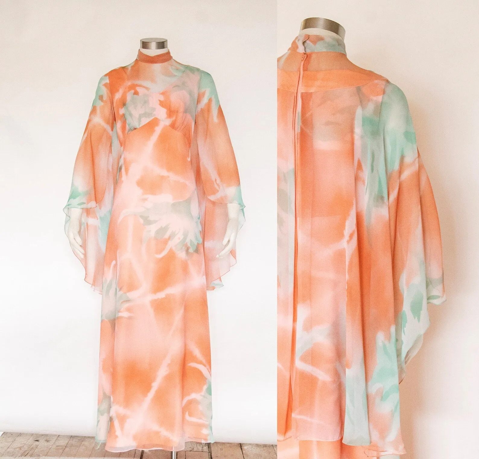 1970s Dress Silk Chiffon Floral Cape Maxi Gown S