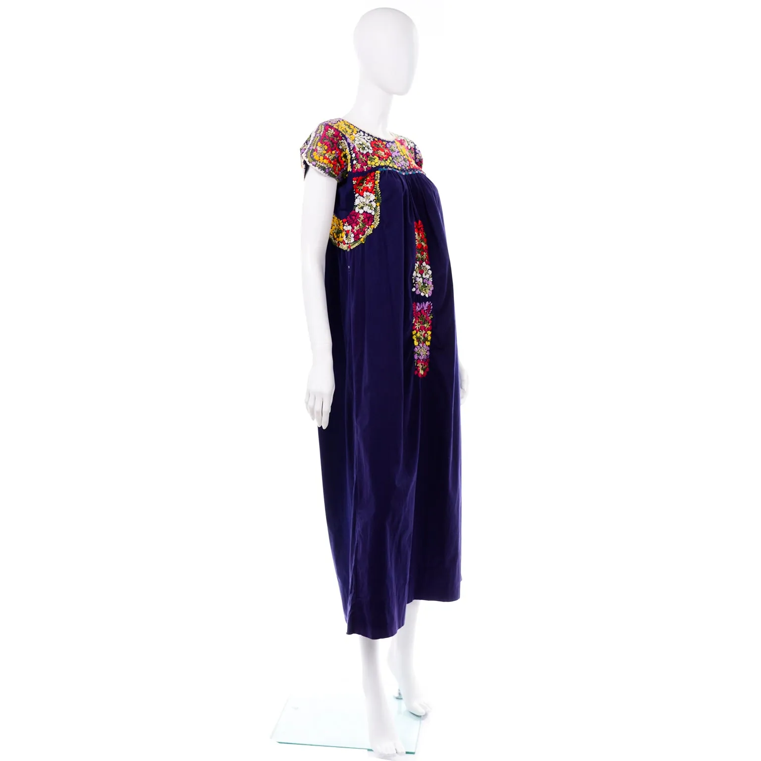 1970's Hand Embroidered Navy Blue Oaxacan Mexican Dress