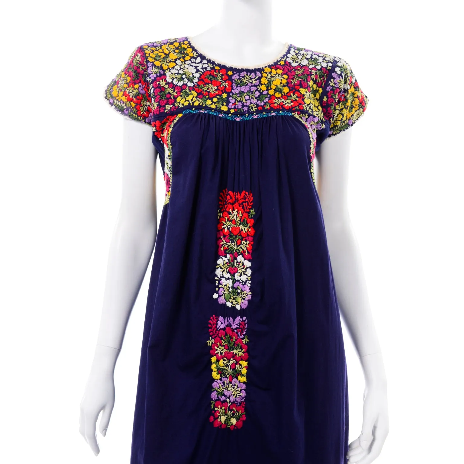 1970's Hand Embroidered Navy Blue Oaxacan Mexican Dress