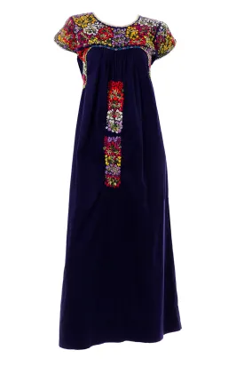 1970's Hand Embroidered Navy Blue Oaxacan Mexican Dress