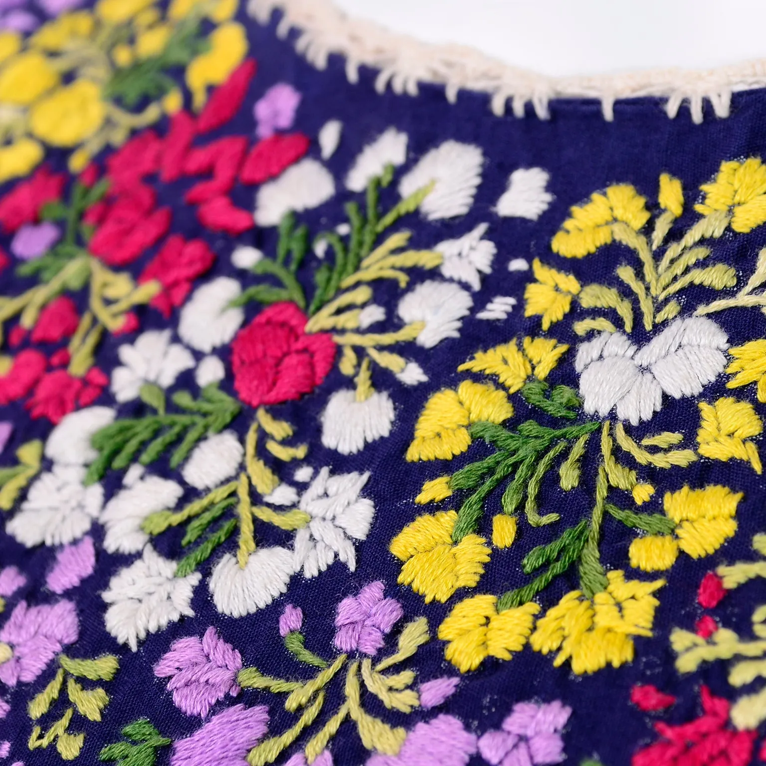 1970's Hand Embroidered Navy Blue Oaxacan Mexican Dress