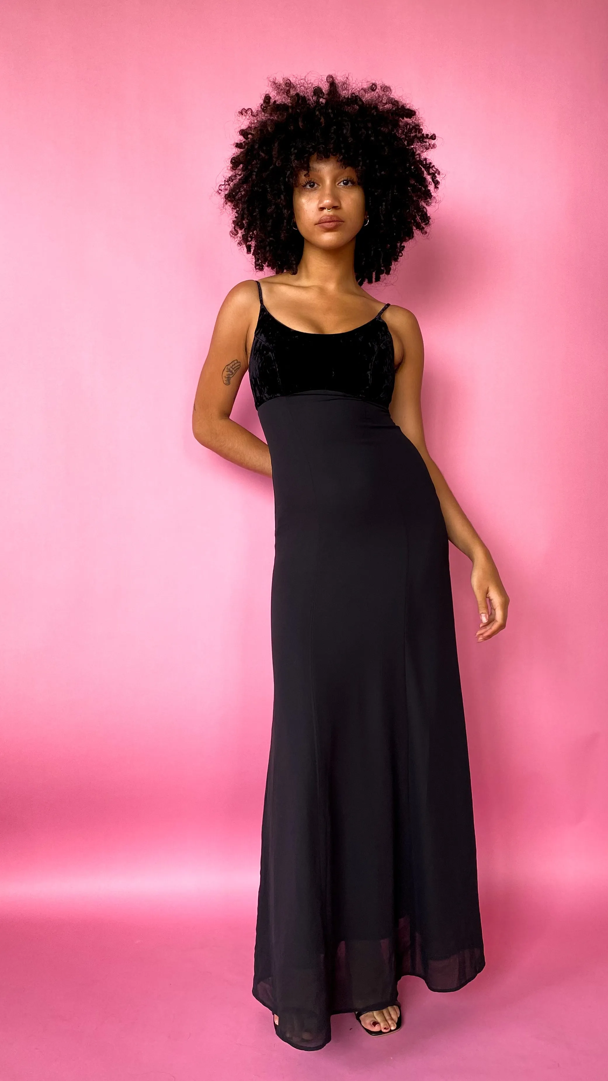 1990s Black Velvet & Chiffon Maxi Dress, sz. XS