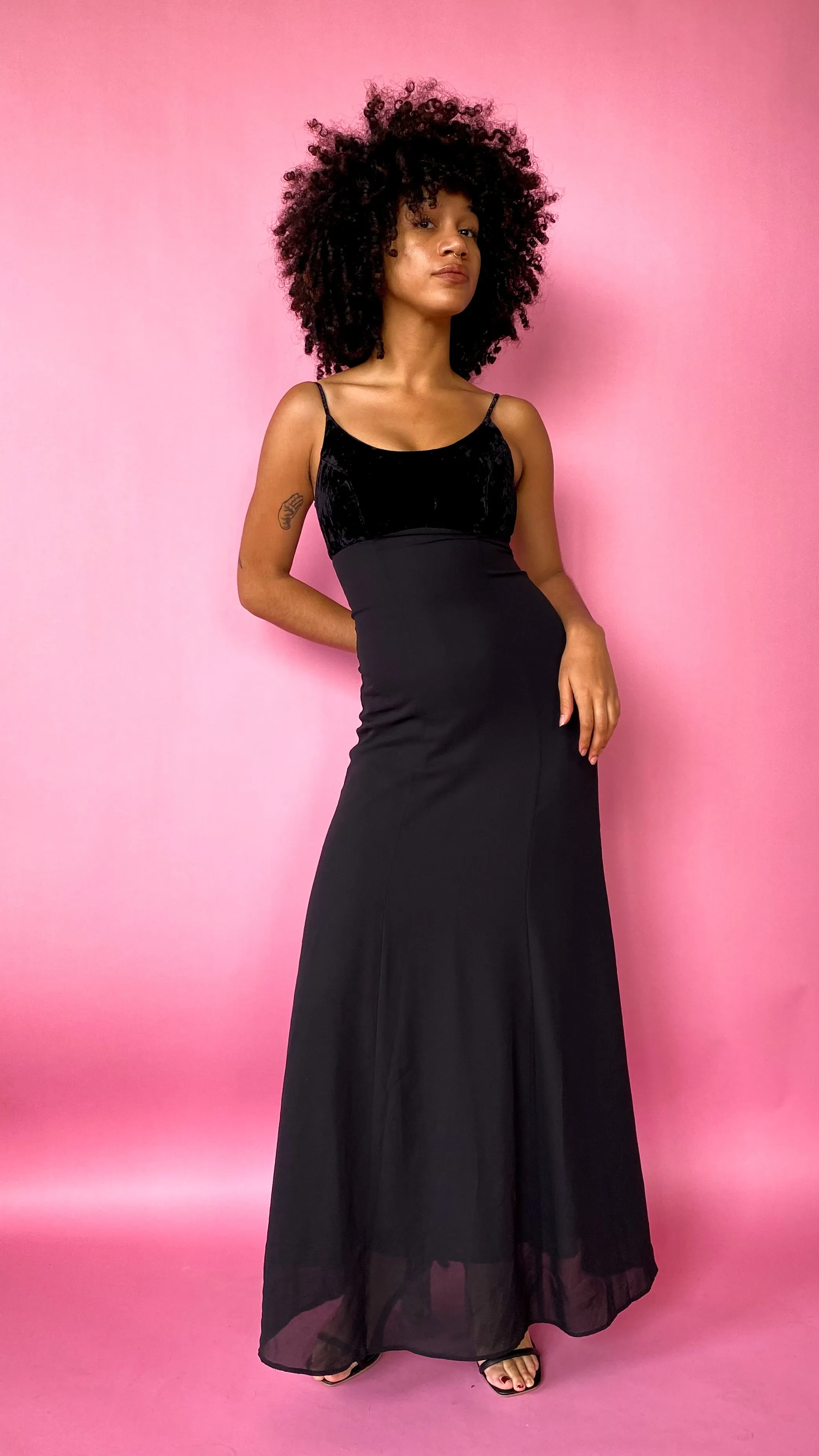 1990s Black Velvet & Chiffon Maxi Dress, sz. XS