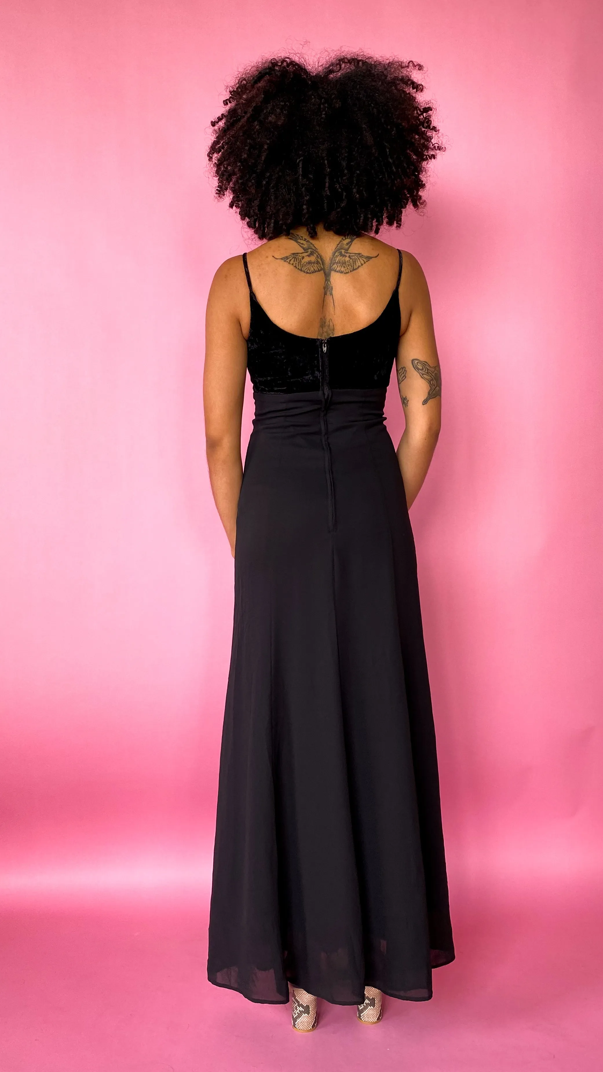 1990s Black Velvet & Chiffon Maxi Dress, sz. XS