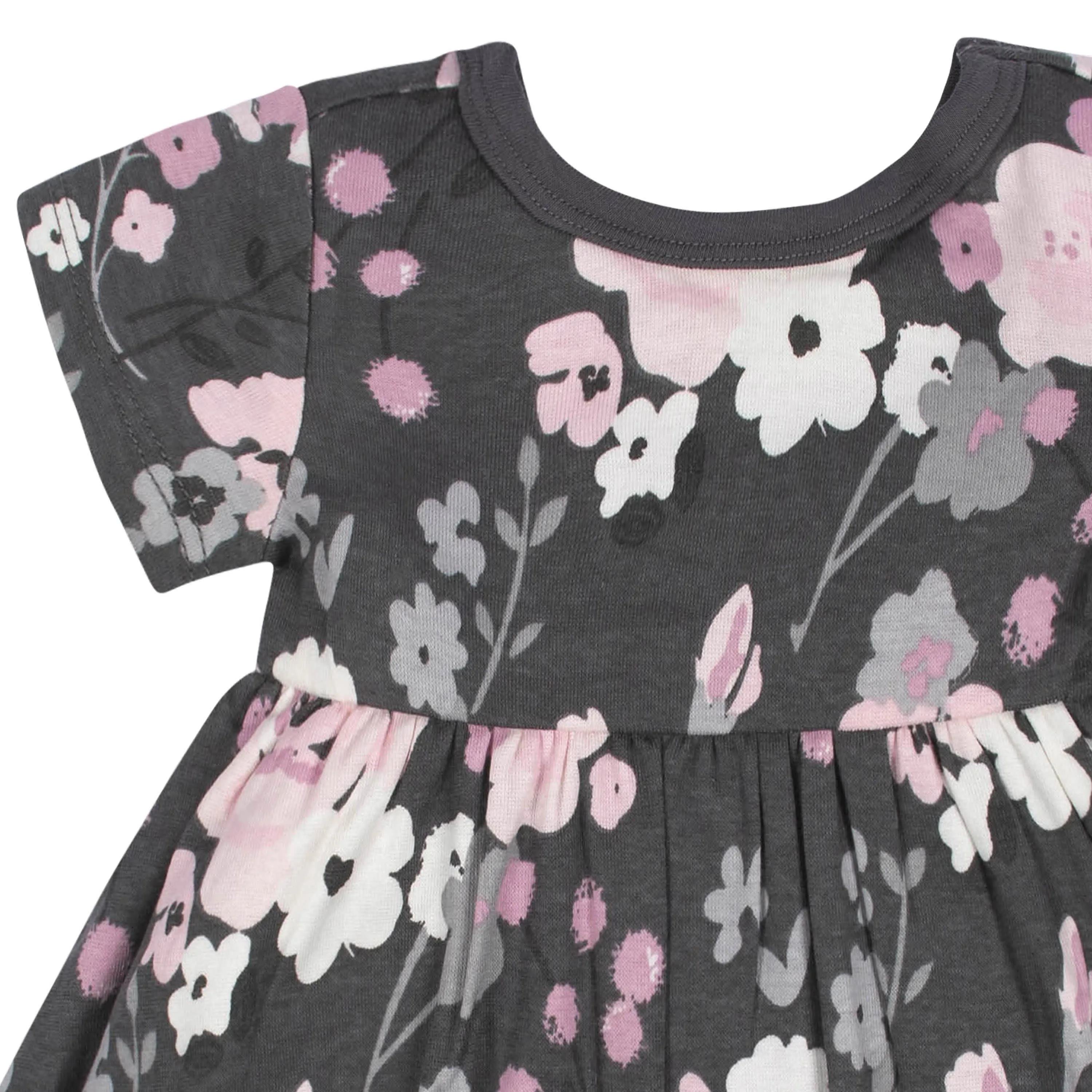 2-Pack Baby Girls Gray Floral Short Sleeve Dresses