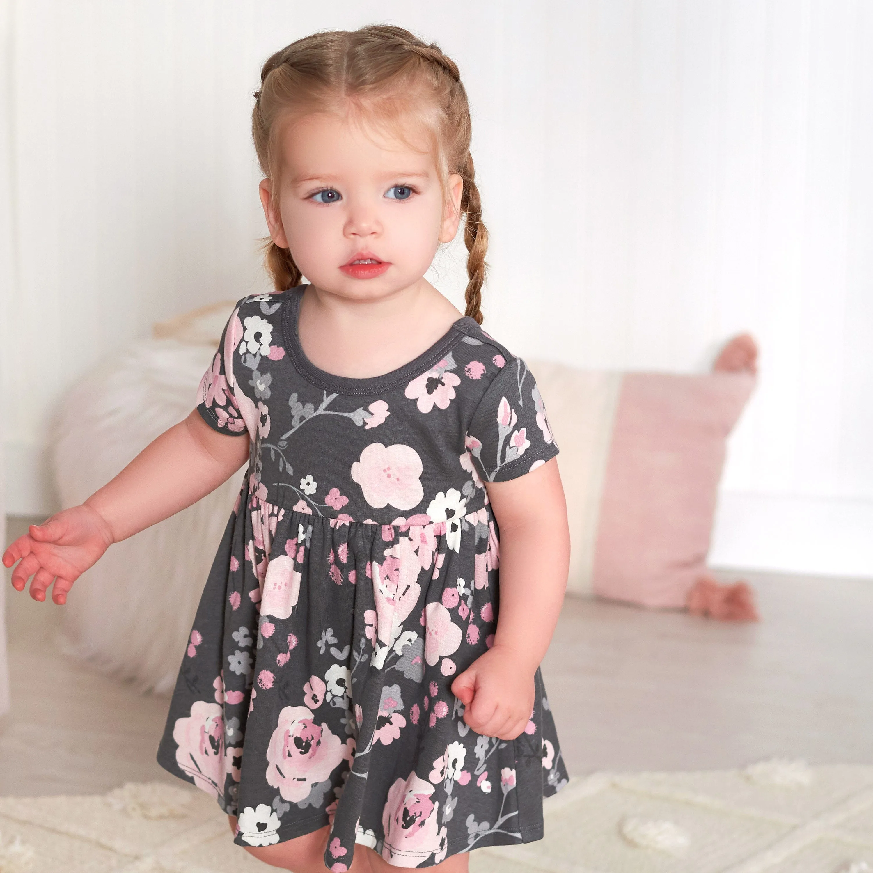 2-Pack Baby Girls Gray Floral Short Sleeve Dresses