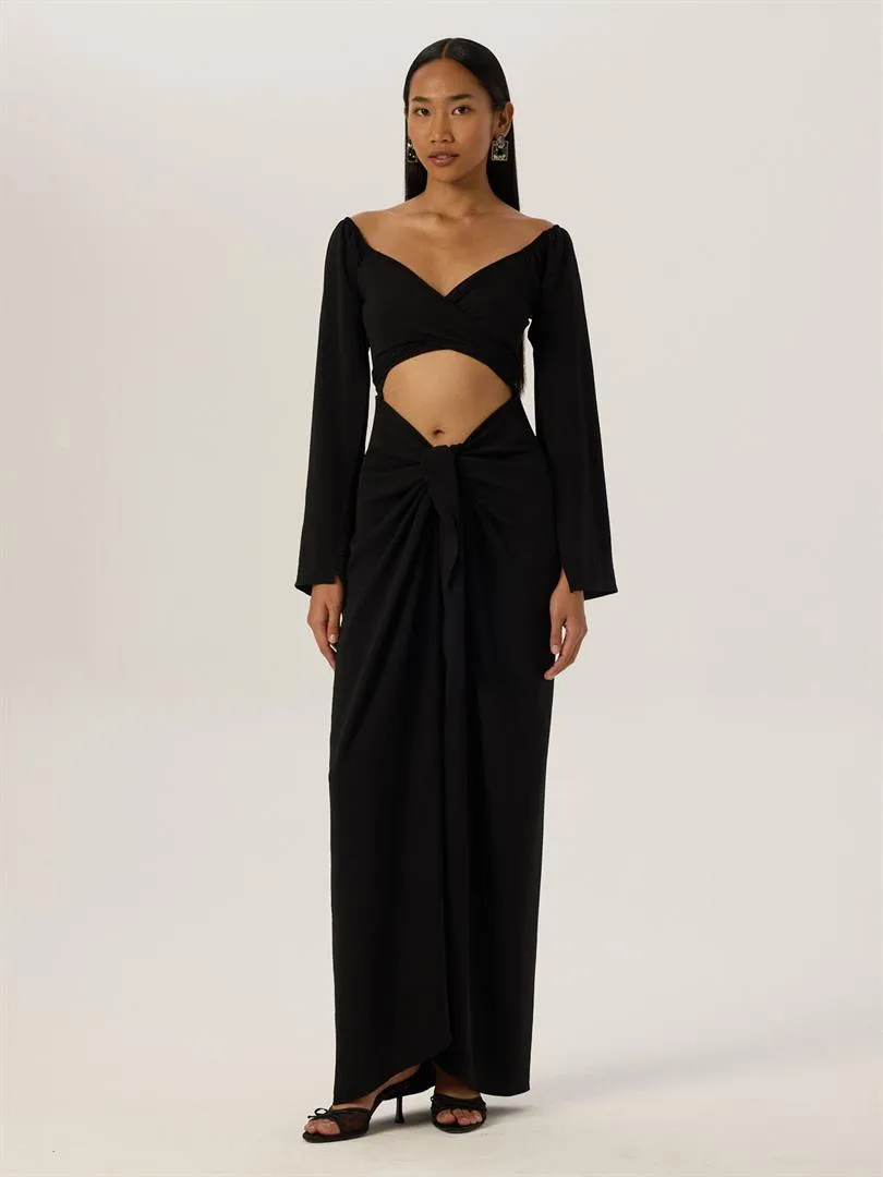 2-Piece Front Tie Neckline Long Dress - Black