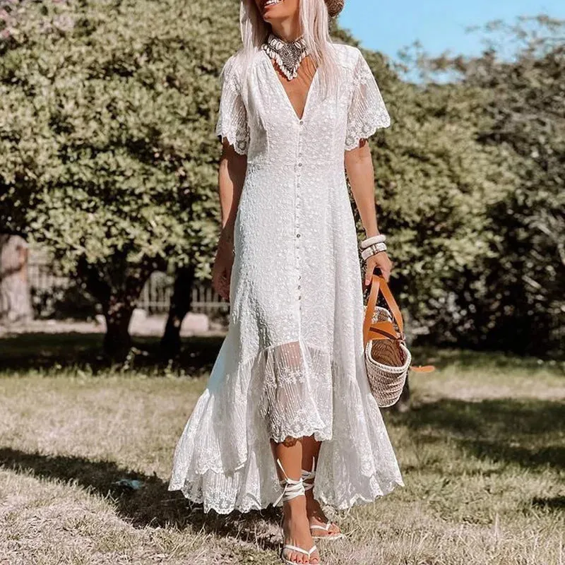 2024 Bohemian Spaghetti Strap Floral Lace Beach Maxi Dress