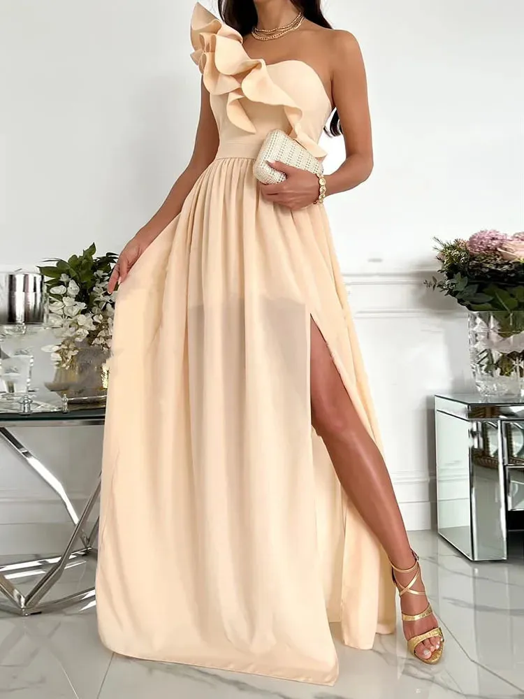 2024 Off Shoulder Diagonal Collar Ruffle Hem Evening Maxi Dress