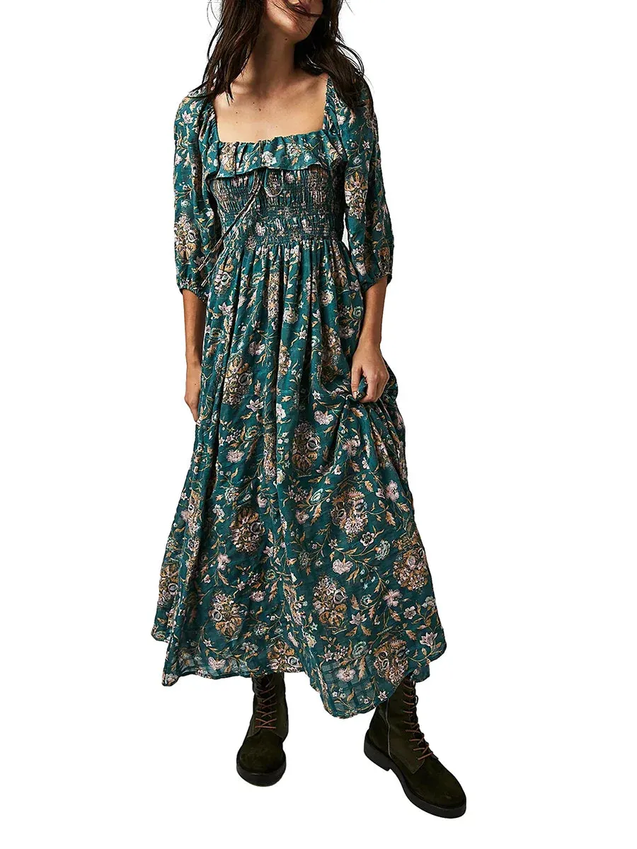 2024 Square Neck A-Line Swing Fall Flowy Flower Tiered Boho Long Dress