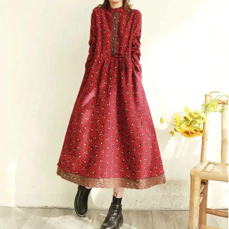 2024 Vintage Loose Long Sleeve Cotton Linen Print Midi Boho Dress