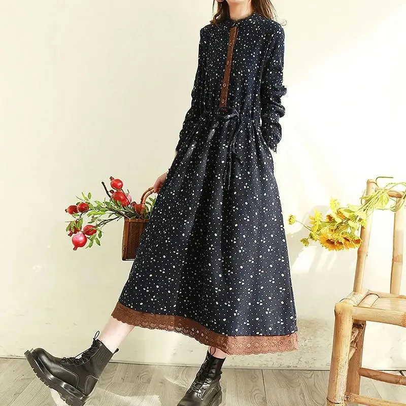 2024 Vintage Loose Long Sleeve Cotton Linen Print Midi Boho Dress