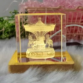 3D Crystal Merry-Go-Round Solid Cube With Warm Led with Wood Base