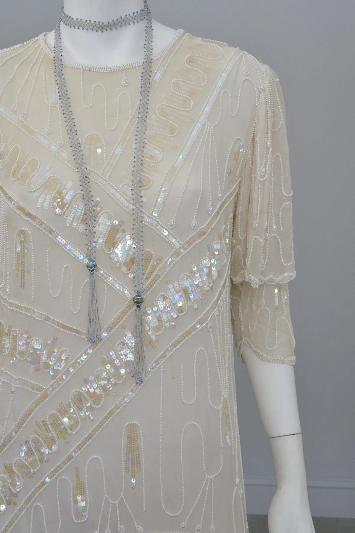 70s 20s Antique White Sequins Pearls Titanic Flapper Dress by Lillie Rubin