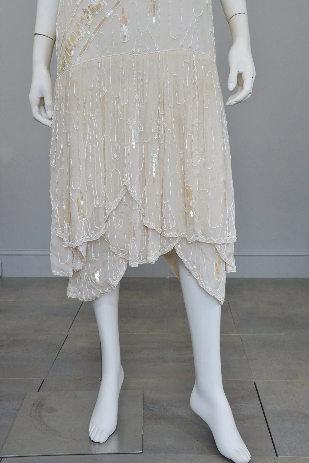 70s 20s Antique White Sequins Pearls Titanic Flapper Dress by Lillie Rubin