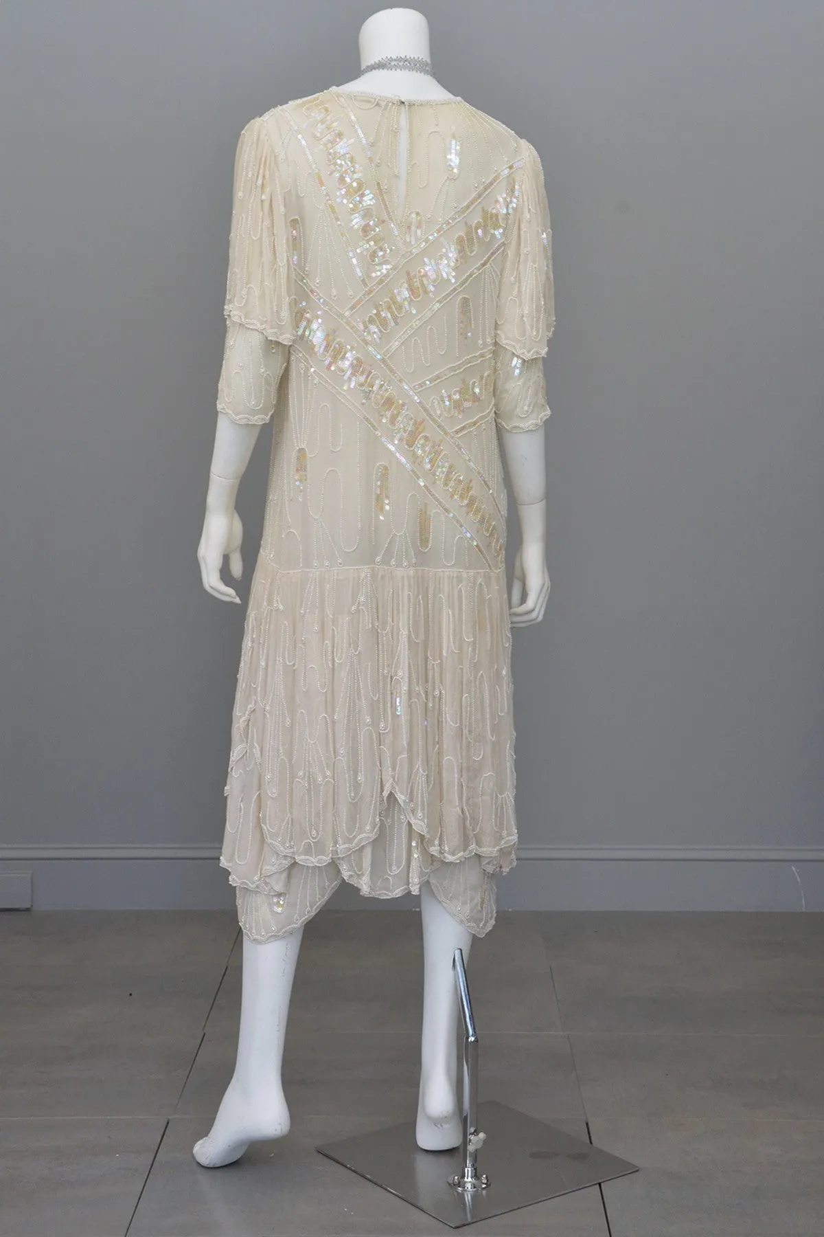 70s 20s Antique White Sequins Pearls Titanic Flapper Dress by Lillie Rubin