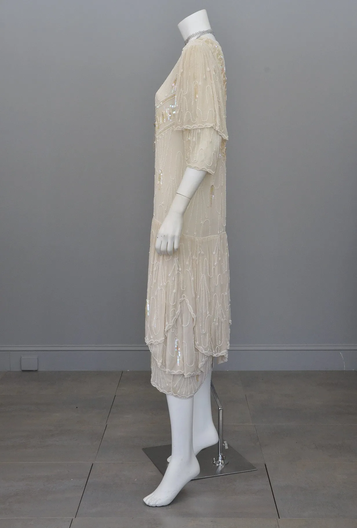 70s 20s Antique White Sequins Pearls Titanic Flapper Dress by Lillie Rubin