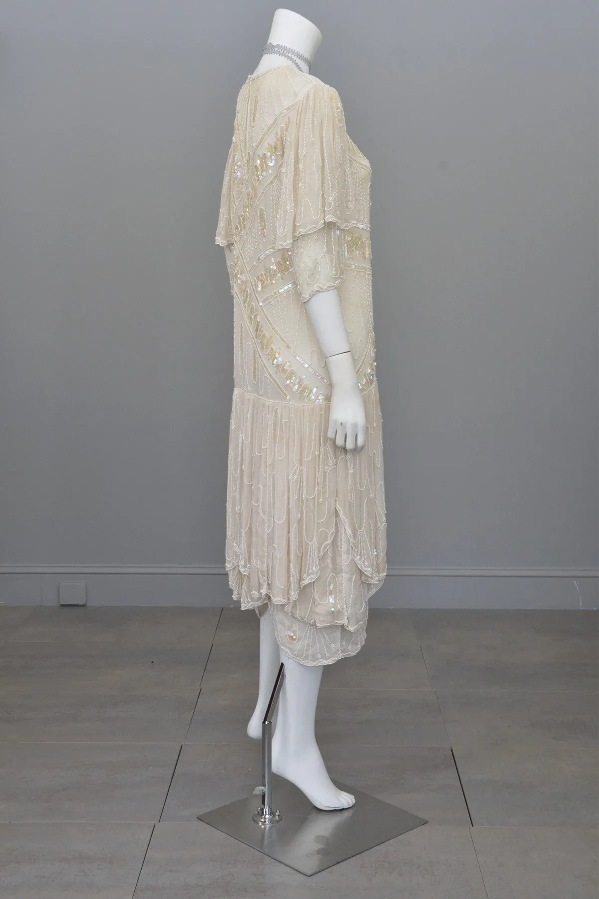 70s 20s Antique White Sequins Pearls Titanic Flapper Dress by Lillie Rubin