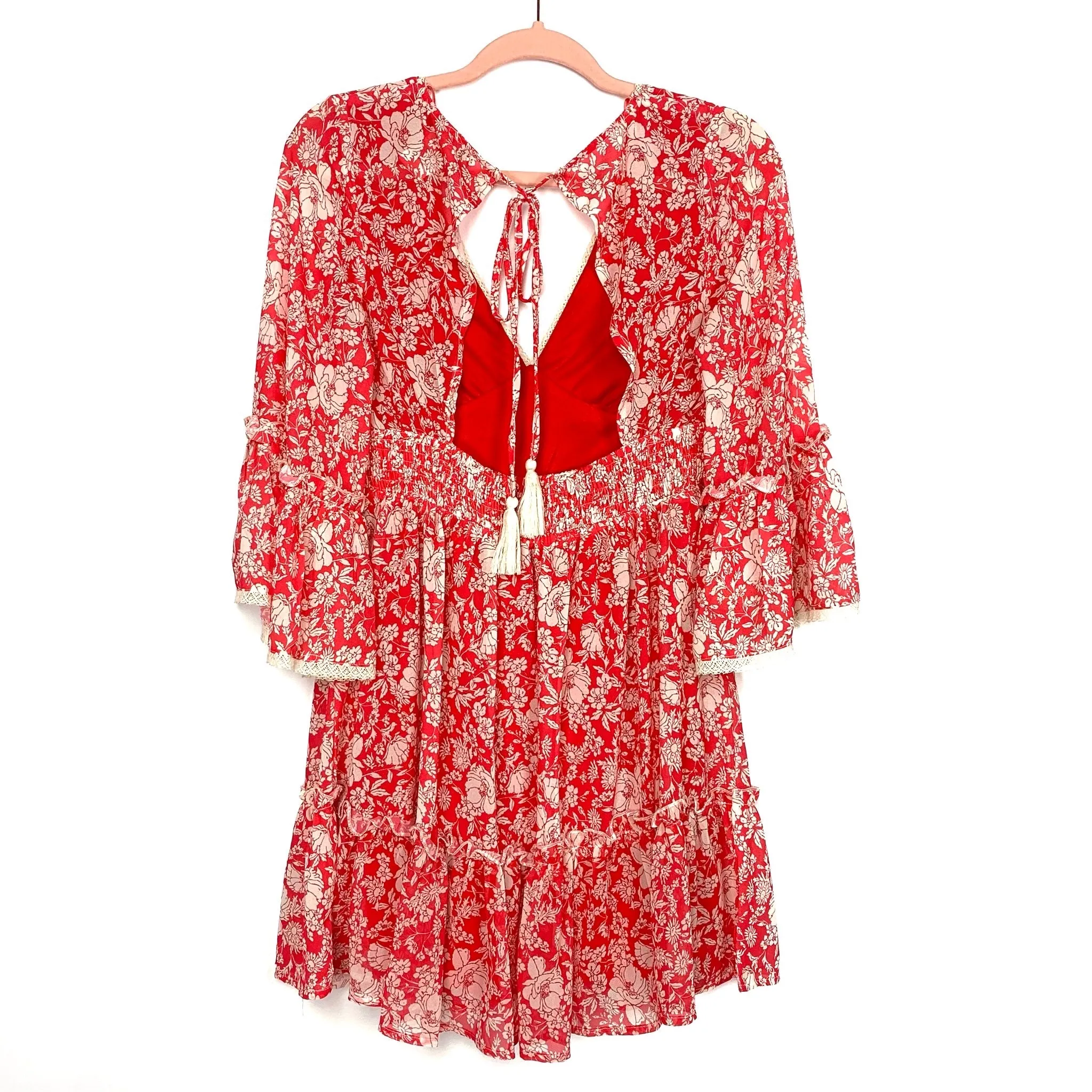 A. Calin By Flying Tomato Red/Cream Floral Pattern Sheer Bell Sleeve Open Back Tie Closure Dress- Size M